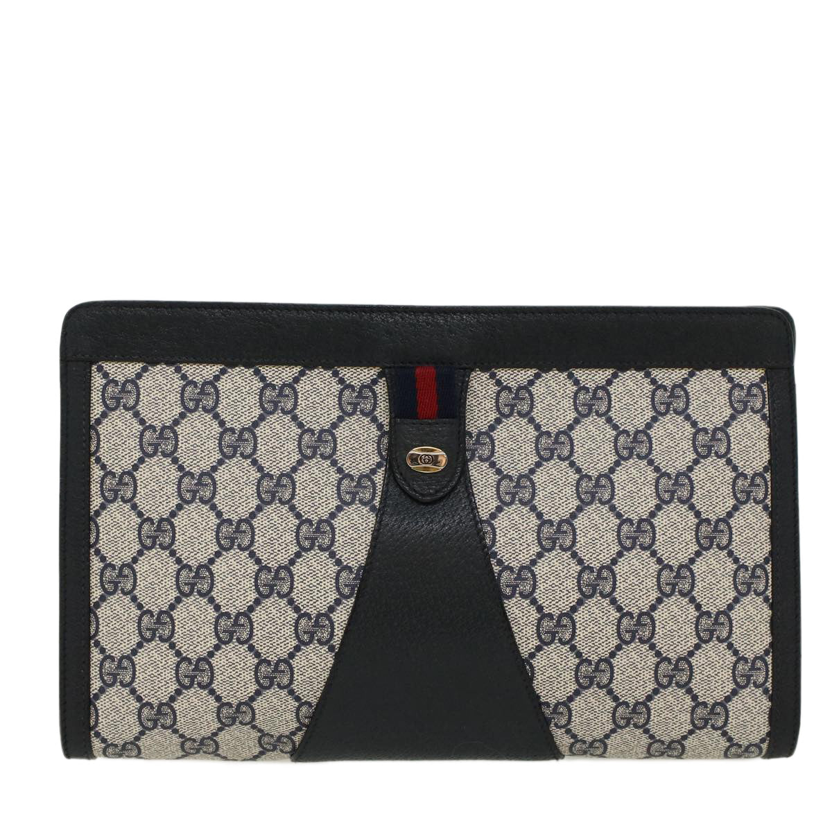 GUCCI GG Canvas Sherry Line Clutch Bag Gray Red Navy 89•01•033 Auth 44785