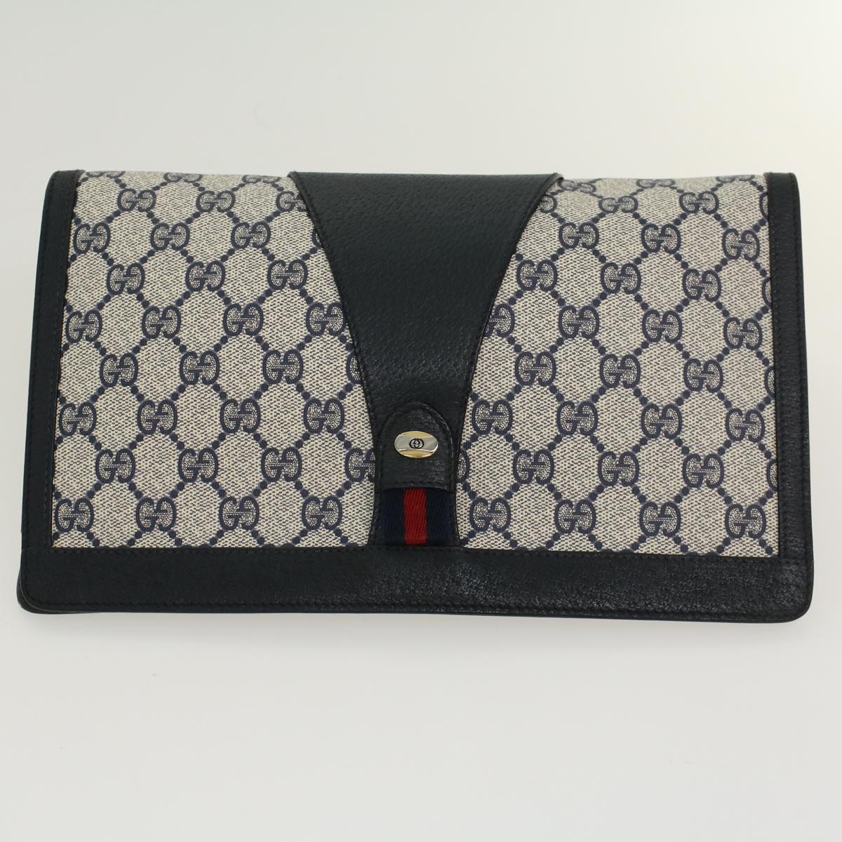 GUCCI GG Canvas Sherry Line Clutch Bag Gray Red Navy 89•01•033 Auth 44785