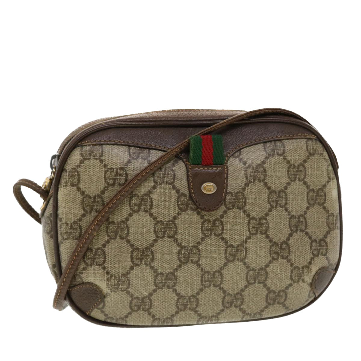 GUCCI GG Canvas Web Sherry Line Shoulder Bag Beige Red 156.02.066 Auth 44787