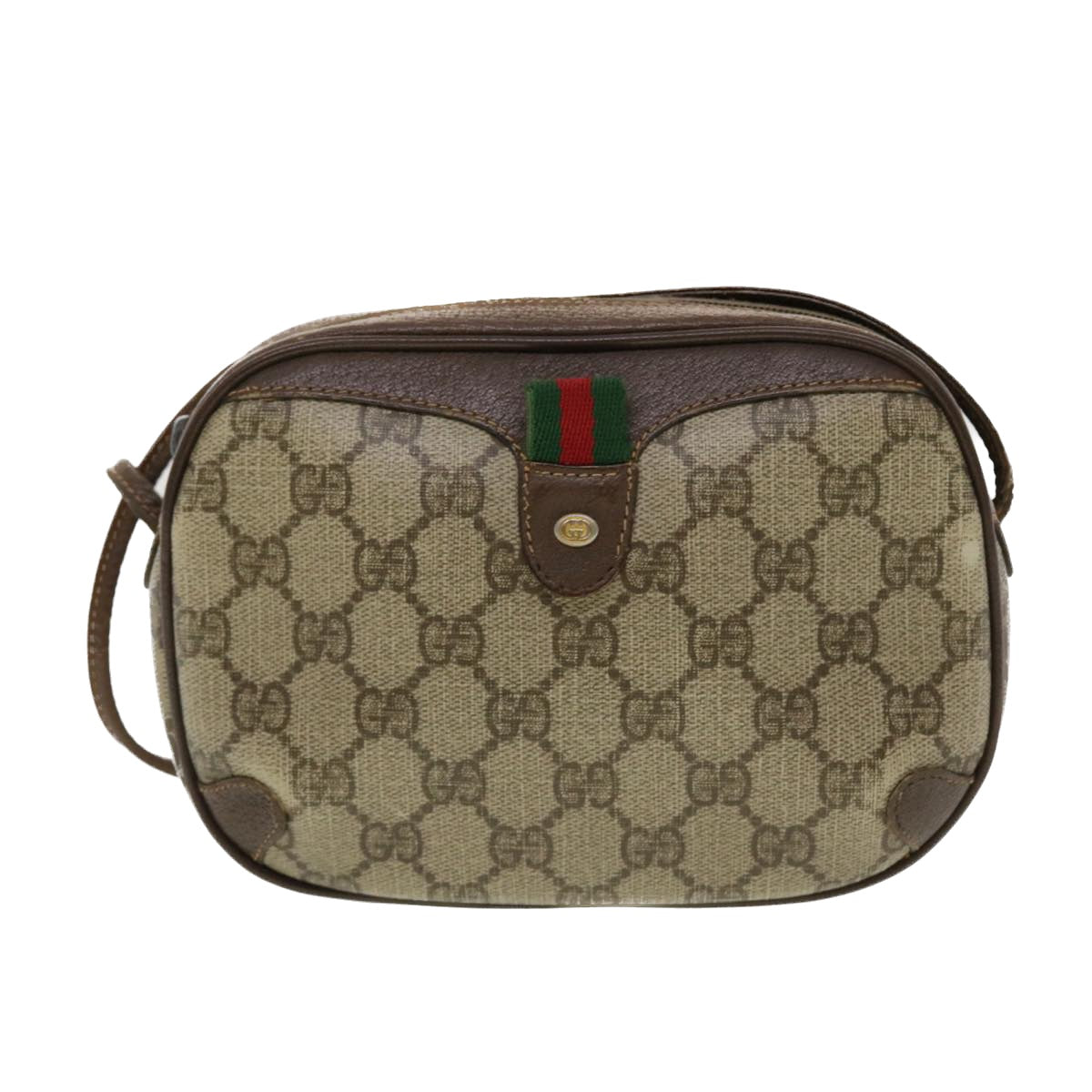 GUCCI GG Canvas Web Sherry Line Shoulder Bag Beige Red 156.02.066 Auth 44787