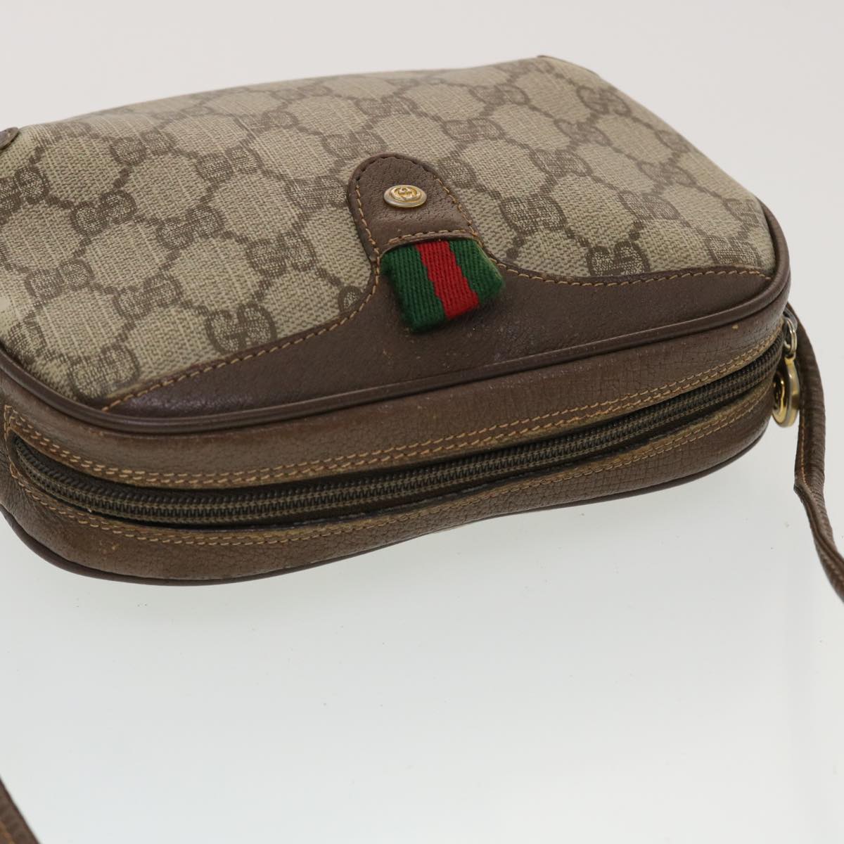 GUCCI GG Canvas Web Sherry Line Shoulder Bag Beige Red 156.02.066 Auth 44787