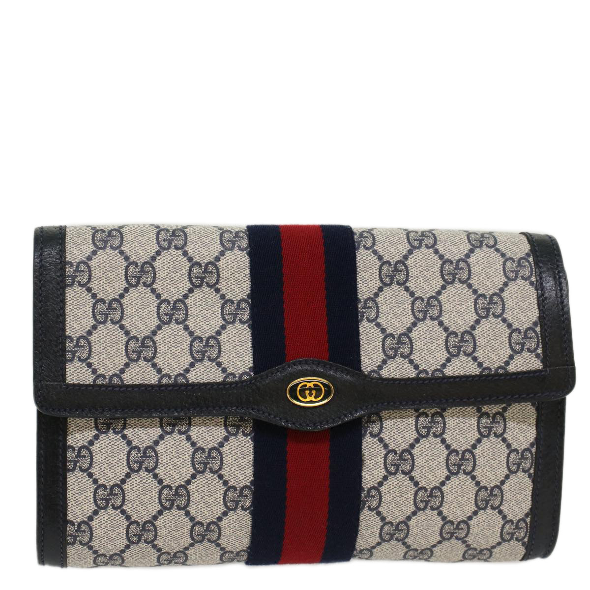 GUCCI GG Canvas Sherry Line Clutch Bag Gray Red Navy 89•01•006 Auth 44806