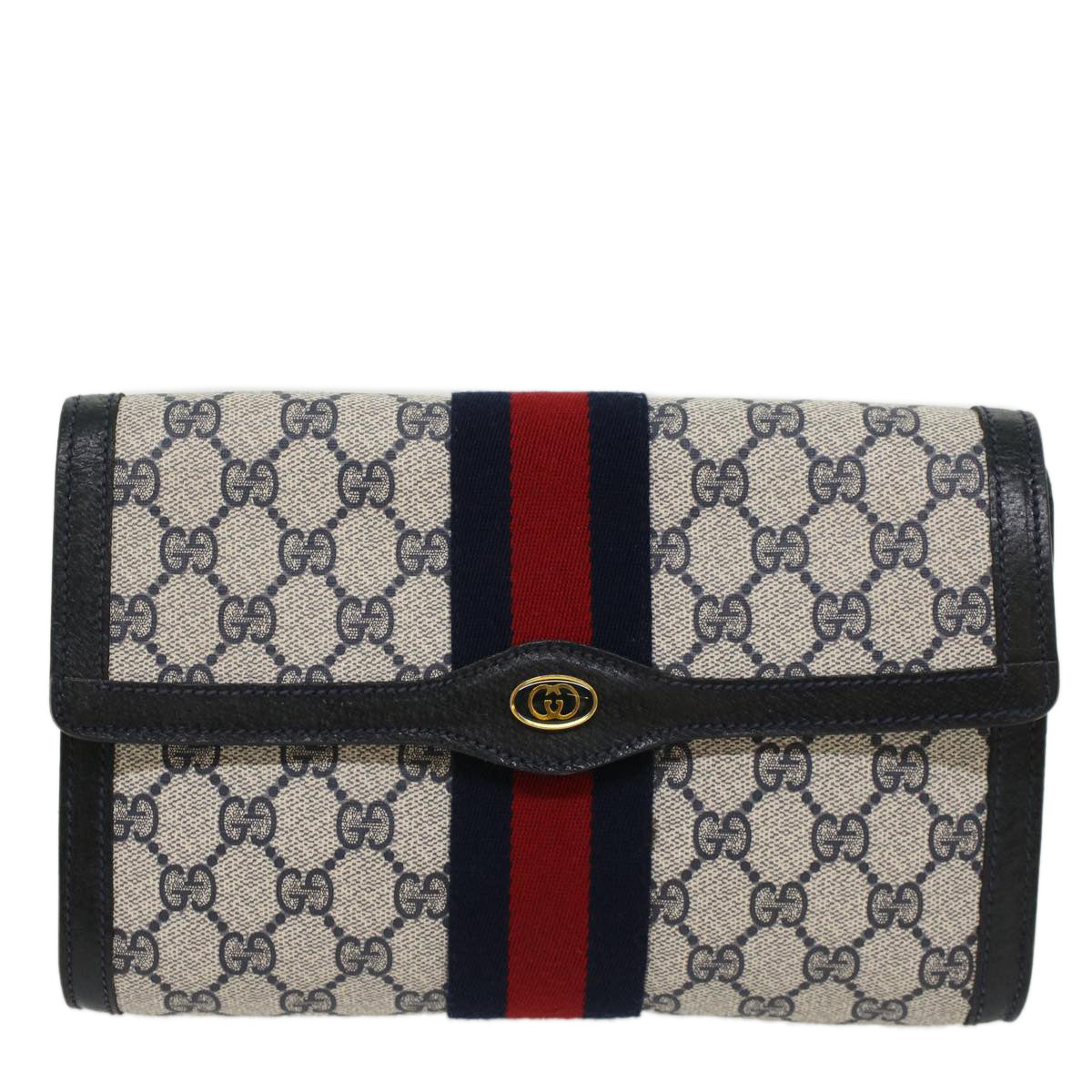 GUCCI GG Canvas Sherry Line Clutch Bag Gray Red Navy 89•01•006 Auth 44806