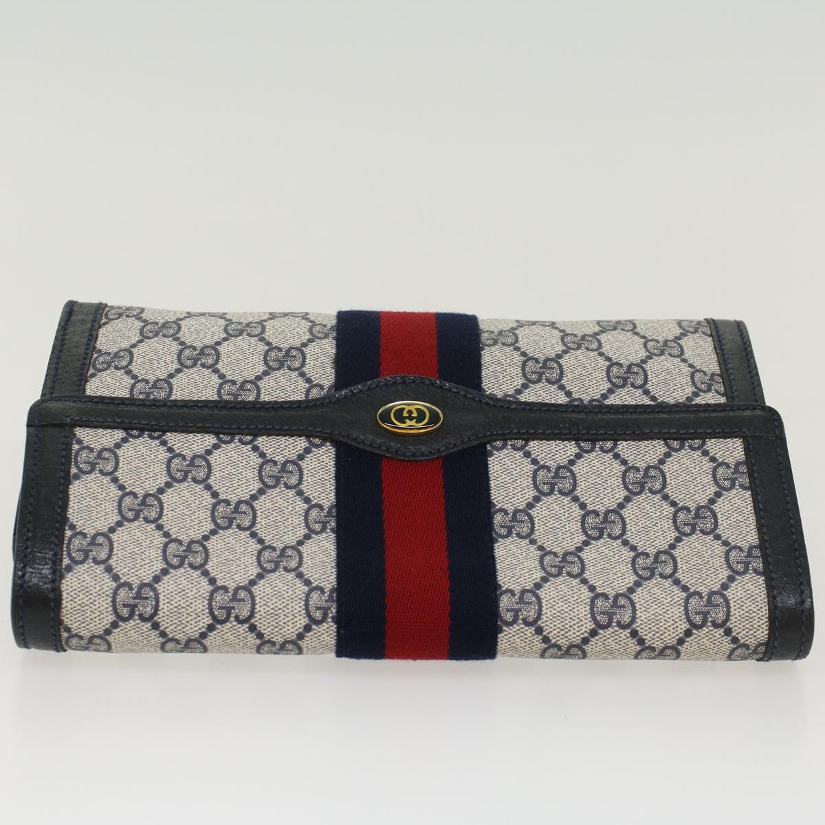 GUCCI GG Canvas Sherry Line Clutch Bag Gray Red Navy 89•01•006 Auth 44806