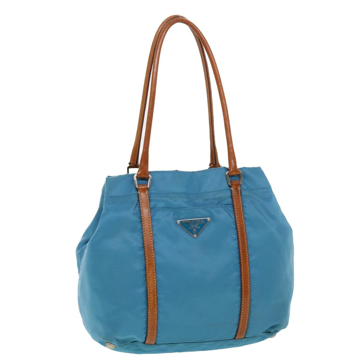 PRADA Hand Bag Nylon Light Blue Brown Auth 44988