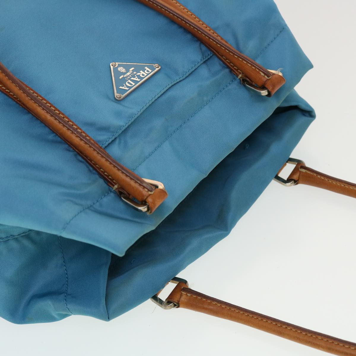 PRADA Hand Bag Nylon Light Blue Brown Auth 44988