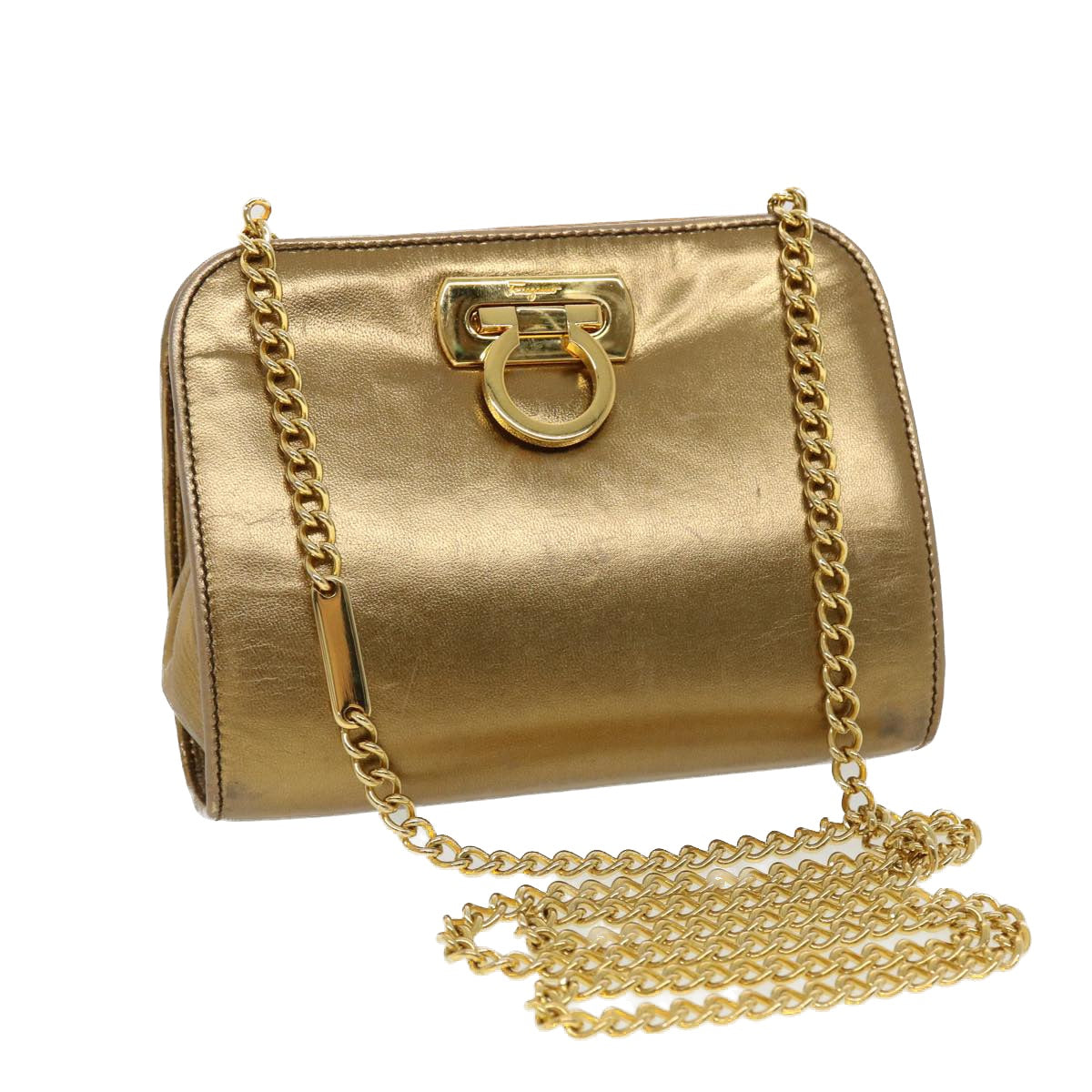 Salvatore Ferragamo Gancini Chain Shoulder Bag Leather Gold Auth 44995