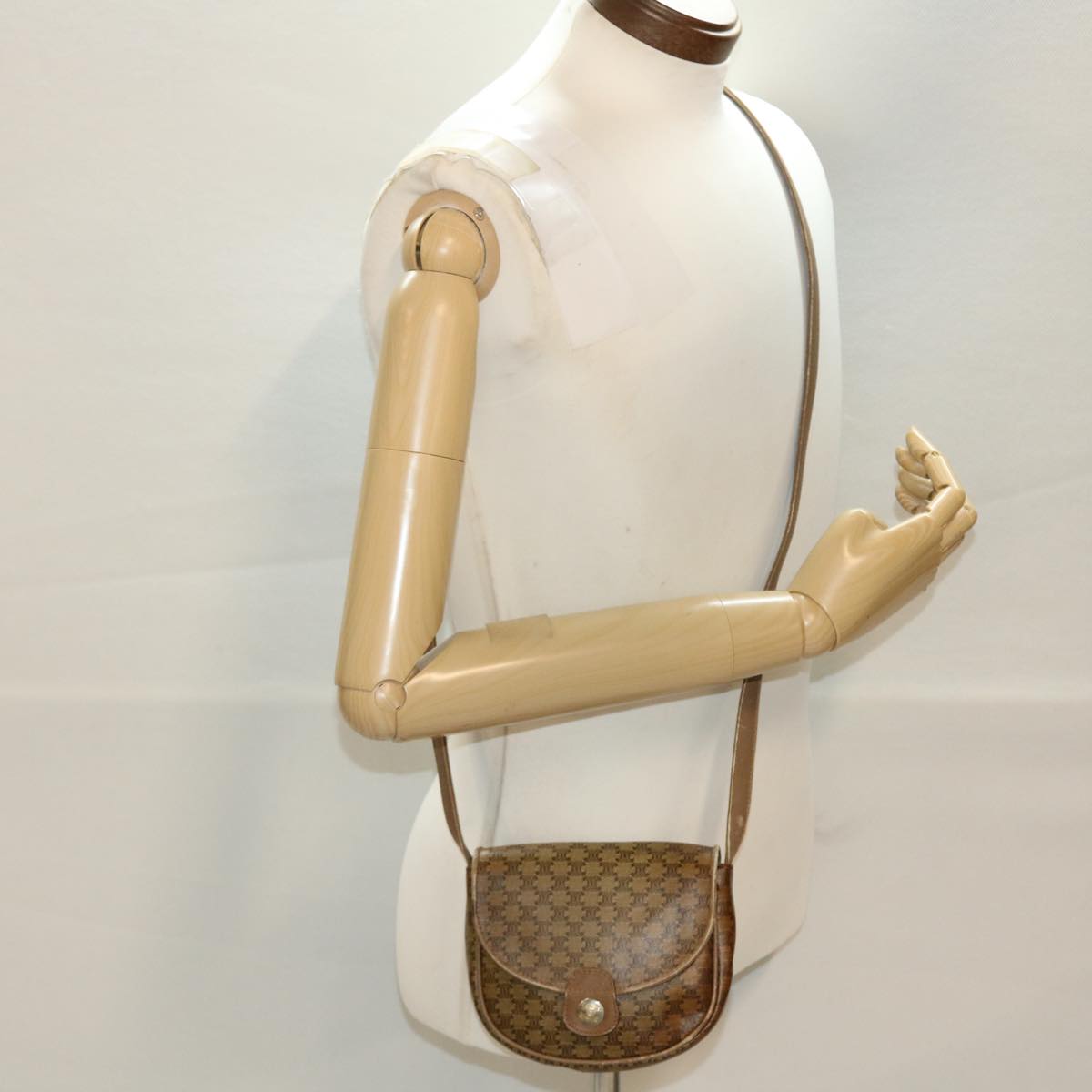 CELINE Macadam Canvas Shoulder Bag PVC Leather Beige Auth 45076