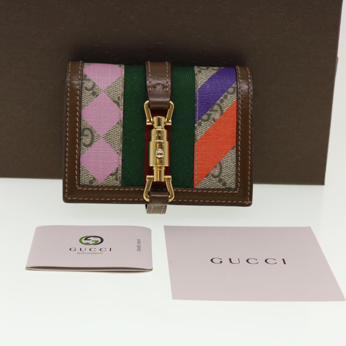 GUCCI GG Canvas Jackie Web Sherry Line Wallet PVC Beige 645536 Auth 45099