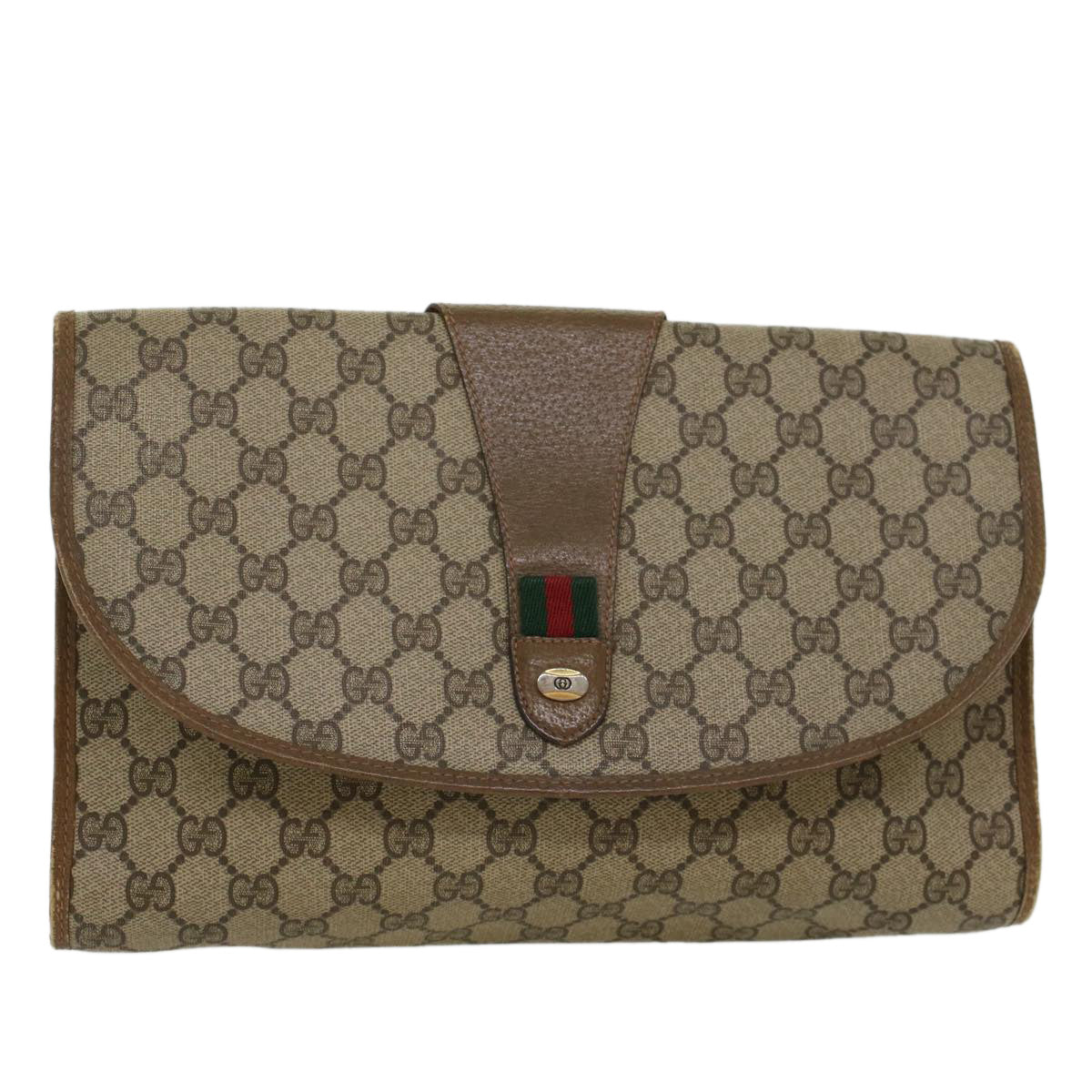 GUCCI GG Canvas Web Sherry Line Clutch Bag PVC Leather Beige Red Auth 45599