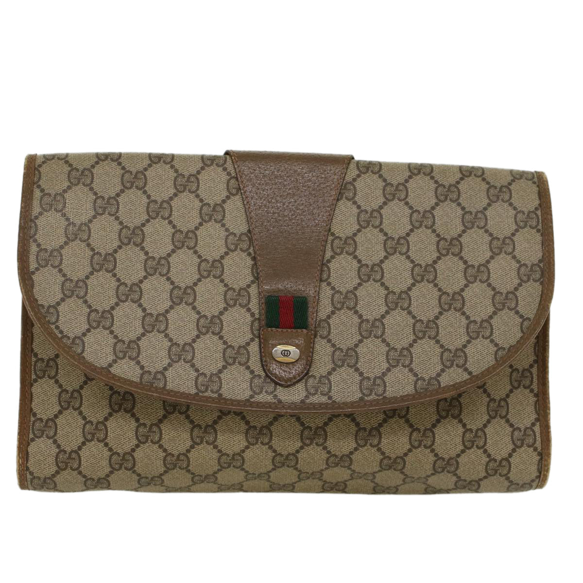 GUCCI GG Canvas Web Sherry Line Clutch Bag PVC Leather Beige Red Auth 45599