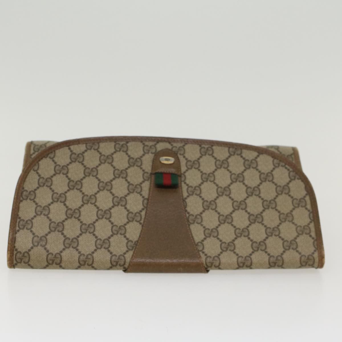 GUCCI GG Canvas Web Sherry Line Clutch Bag PVC Leather Beige Red Auth 45599