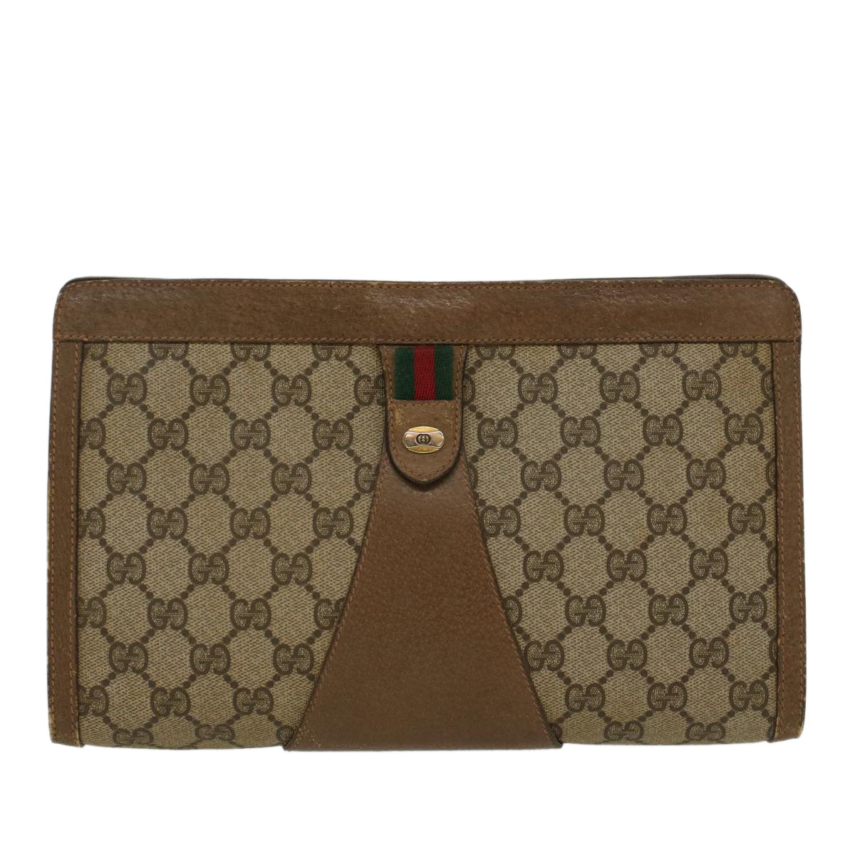 GUCCI GG Canvas Web Sherry Line Clutch Bag PVC Leather Beige Red Auth 45600