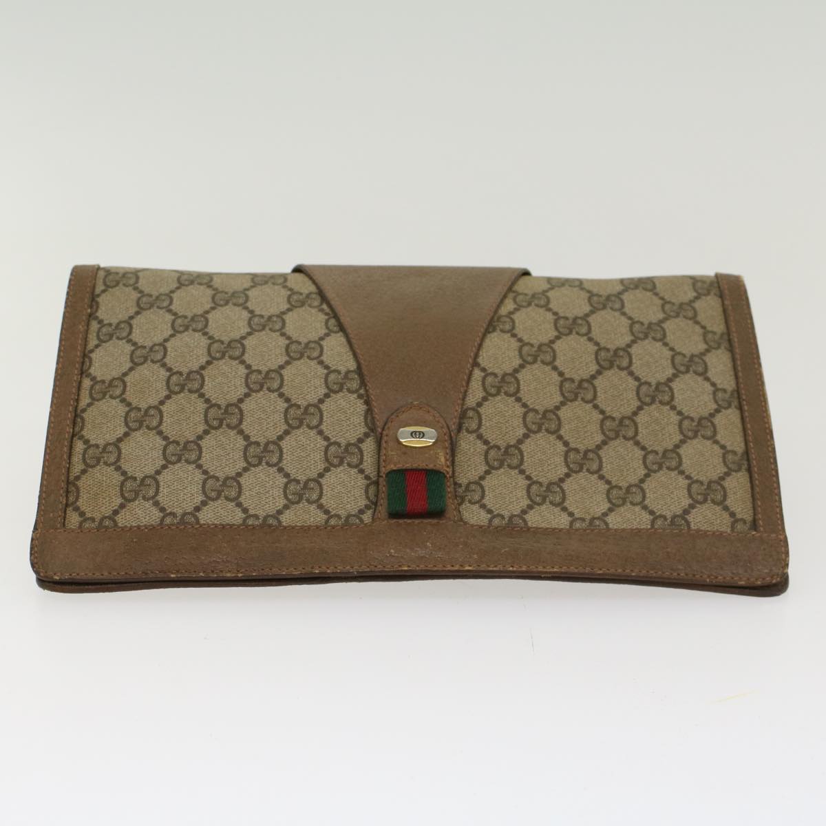 GUCCI GG Canvas Web Sherry Line Clutch Bag PVC Leather Beige Red Auth 45600