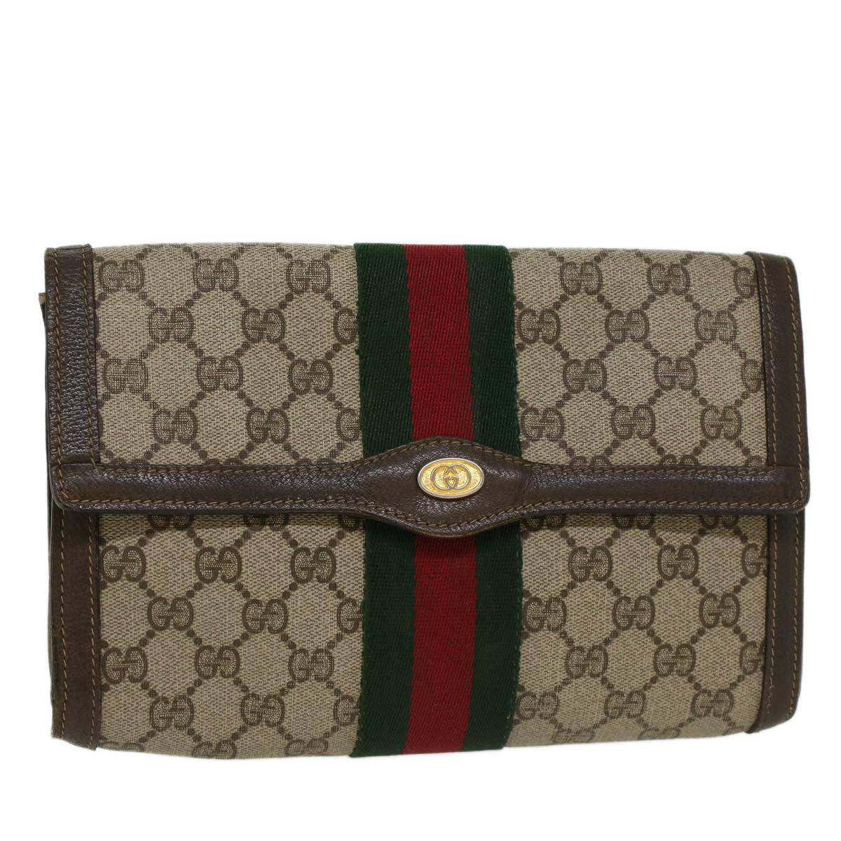 GUCCI GG Canvas Web Sherry Line Clutch Bag PVC Leather Beige Red Auth 45601