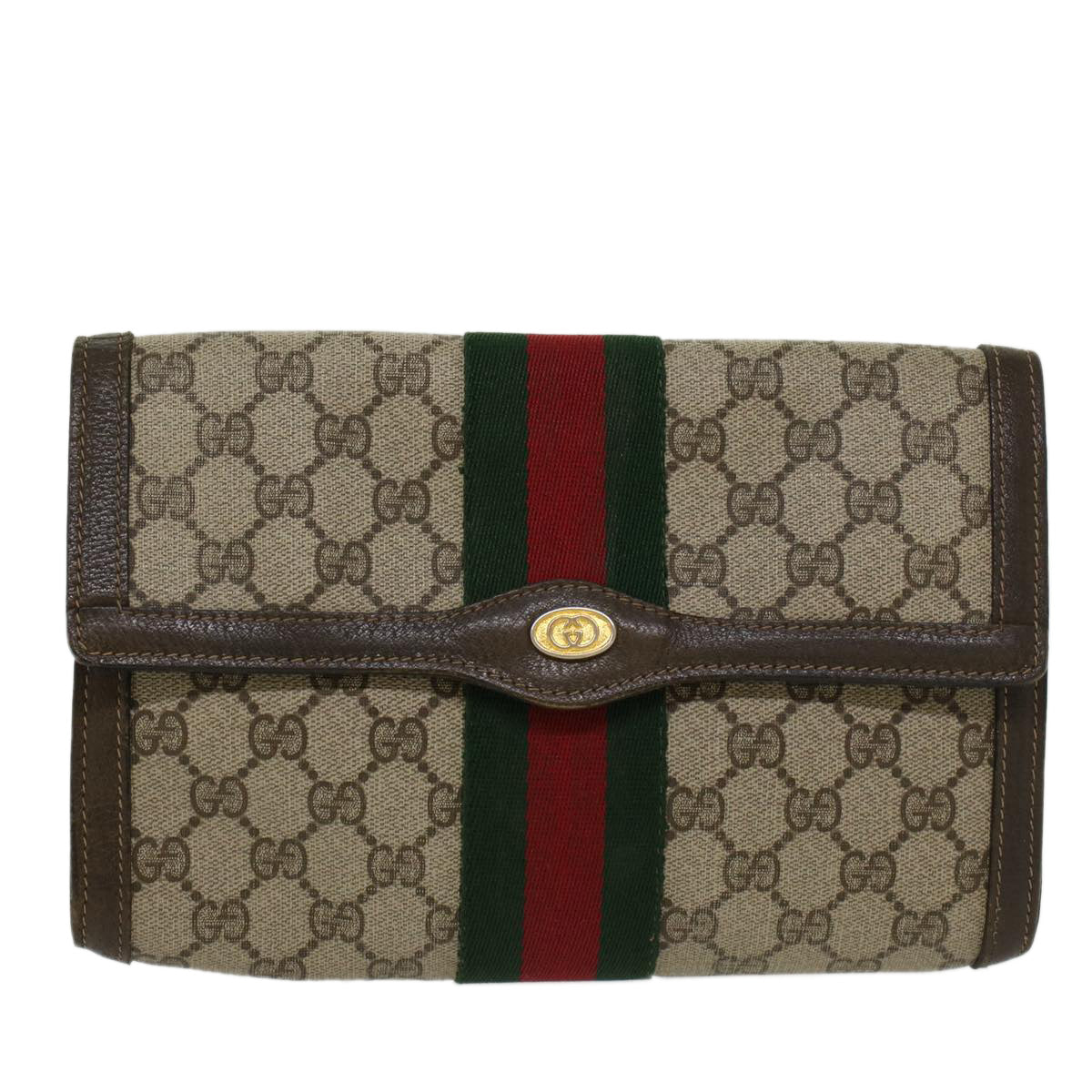 GUCCI GG Canvas Web Sherry Line Clutch Bag PVC Leather Beige Red Auth 45601