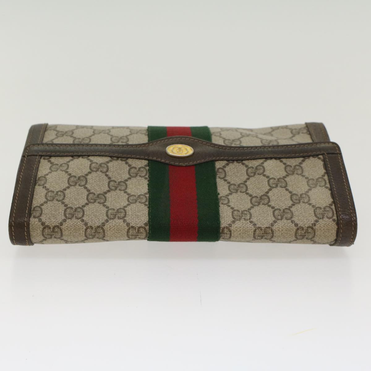 GUCCI GG Canvas Web Sherry Line Clutch Bag PVC Leather Beige Red Auth 45601