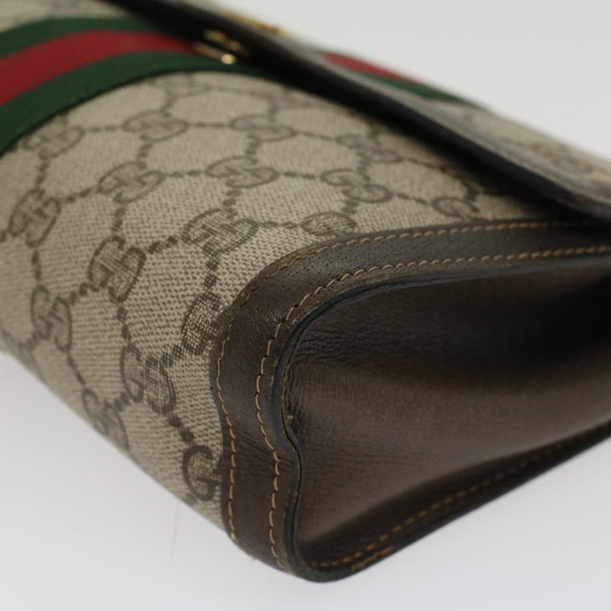 GUCCI GG Canvas Web Sherry Line Clutch Bag PVC Leather Beige Red Auth 45601