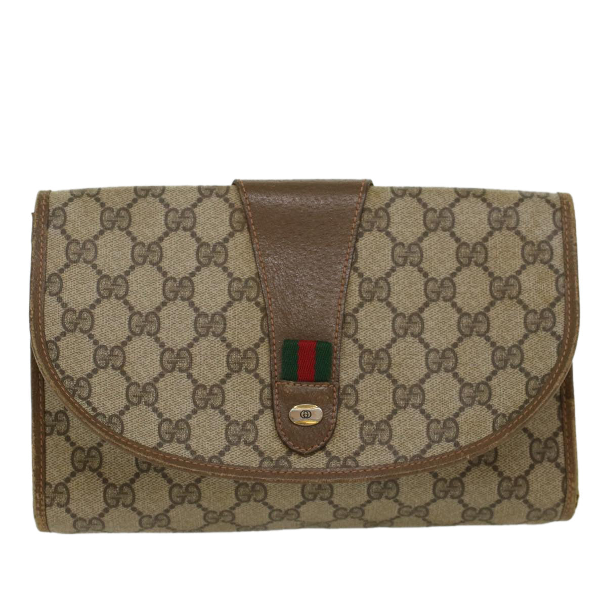 GUCCI GG Canvas Web Sherry Line Clutch Bag PVC Leather Beige Red Auth 45602