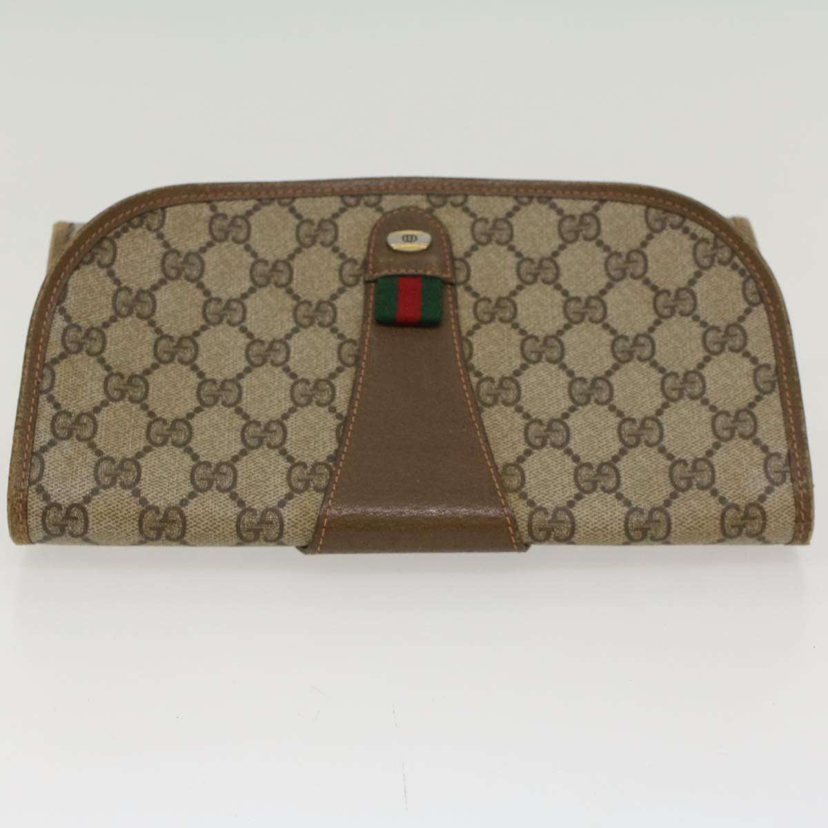 GUCCI GG Canvas Web Sherry Line Clutch Bag PVC Leather Beige Red Auth 45602