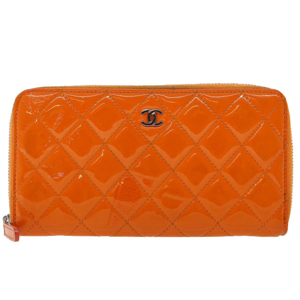 CHANEL Matelasse Long Wallet Enamel Orange CC Auth 45618