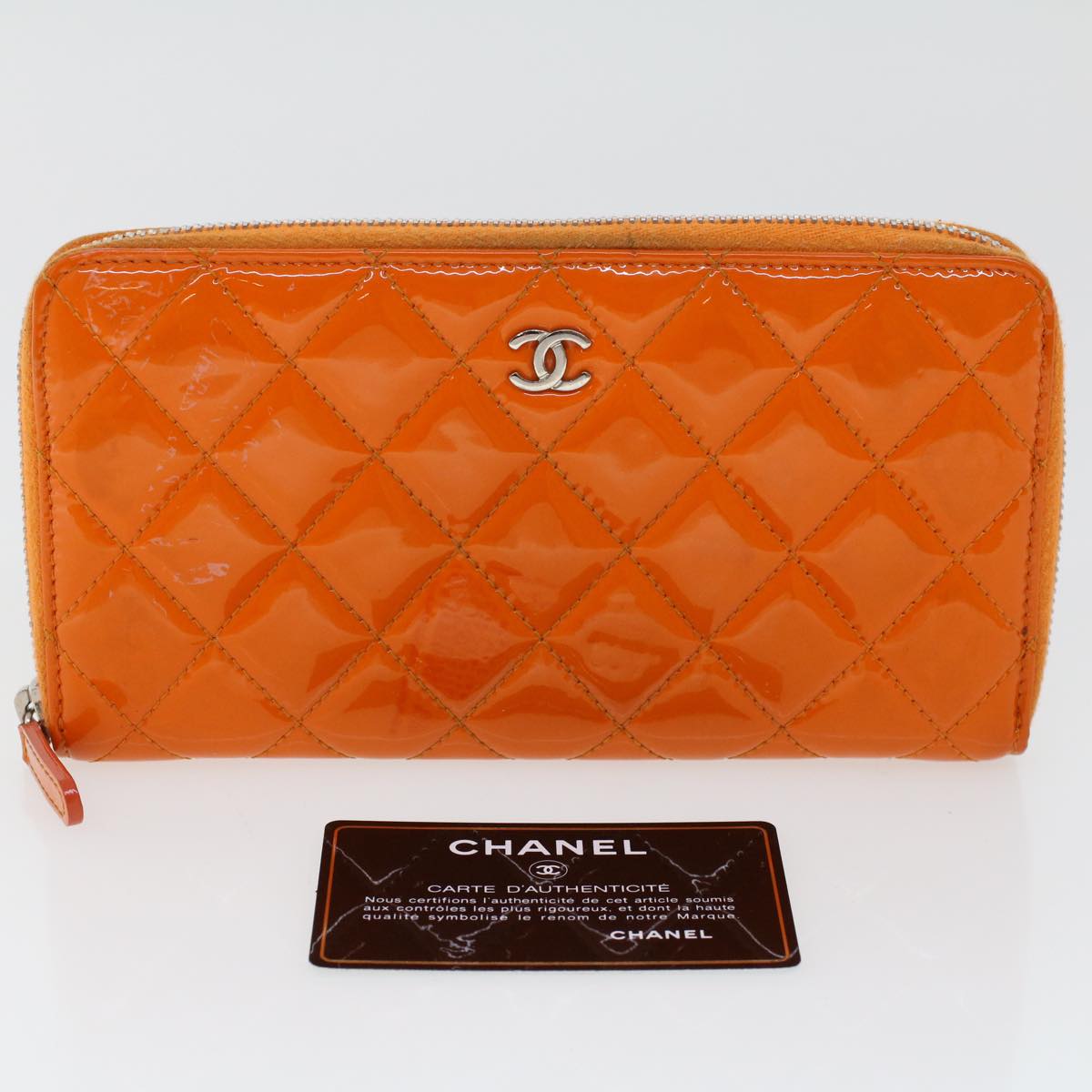 CHANEL Matelasse Long Wallet Enamel Orange CC Auth 45618