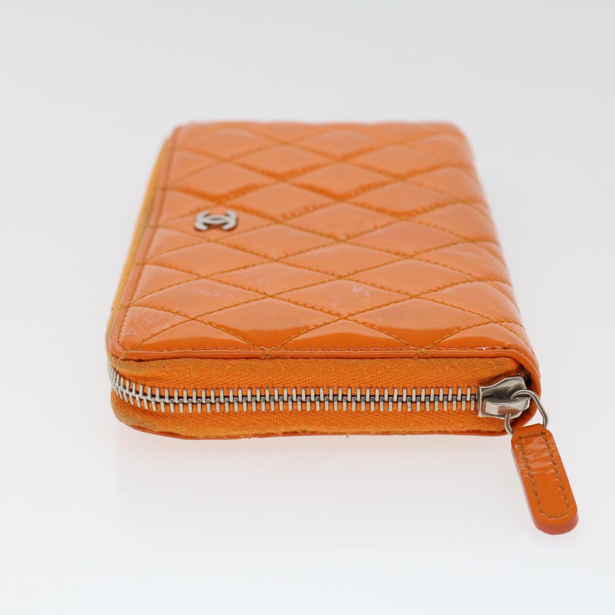 CHANEL Matelasse Long Wallet Enamel Orange CC Auth 45618