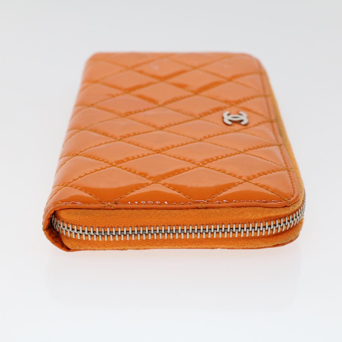 CHANEL Matelasse Long Wallet Enamel Orange CC Auth 45618