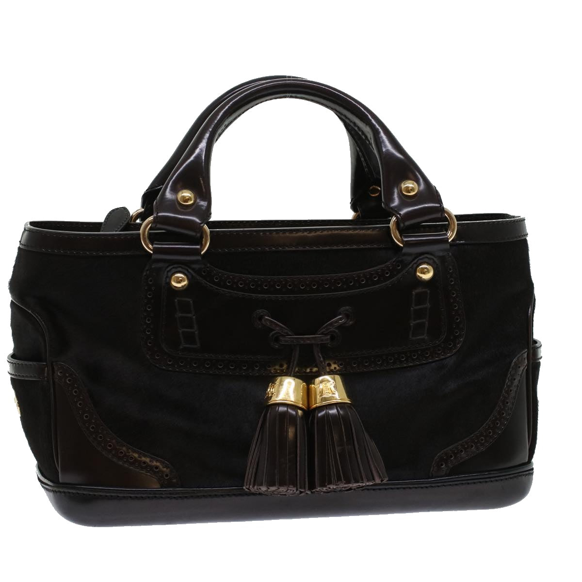 CELINE Hand Bag Enamel Harako Leather Dark Brown Auth 45710