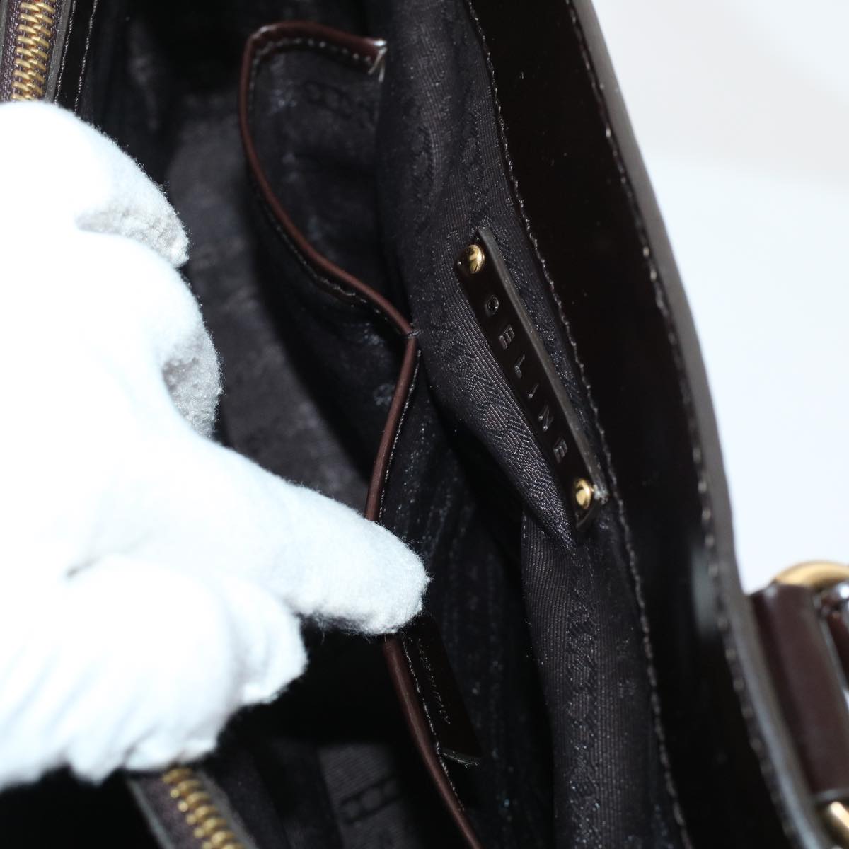 CELINE Hand Bag Enamel Harako Leather Dark Brown Auth 45710