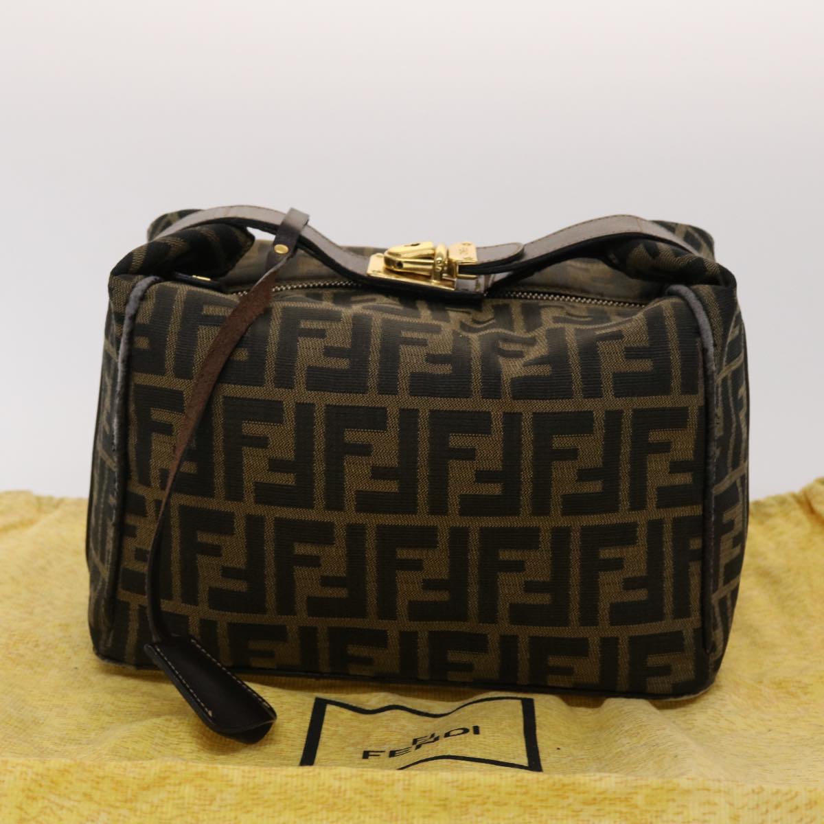 FENDI Zucca Canvas Hand Bag Black Brown 2111 26348 088 Auth 45832