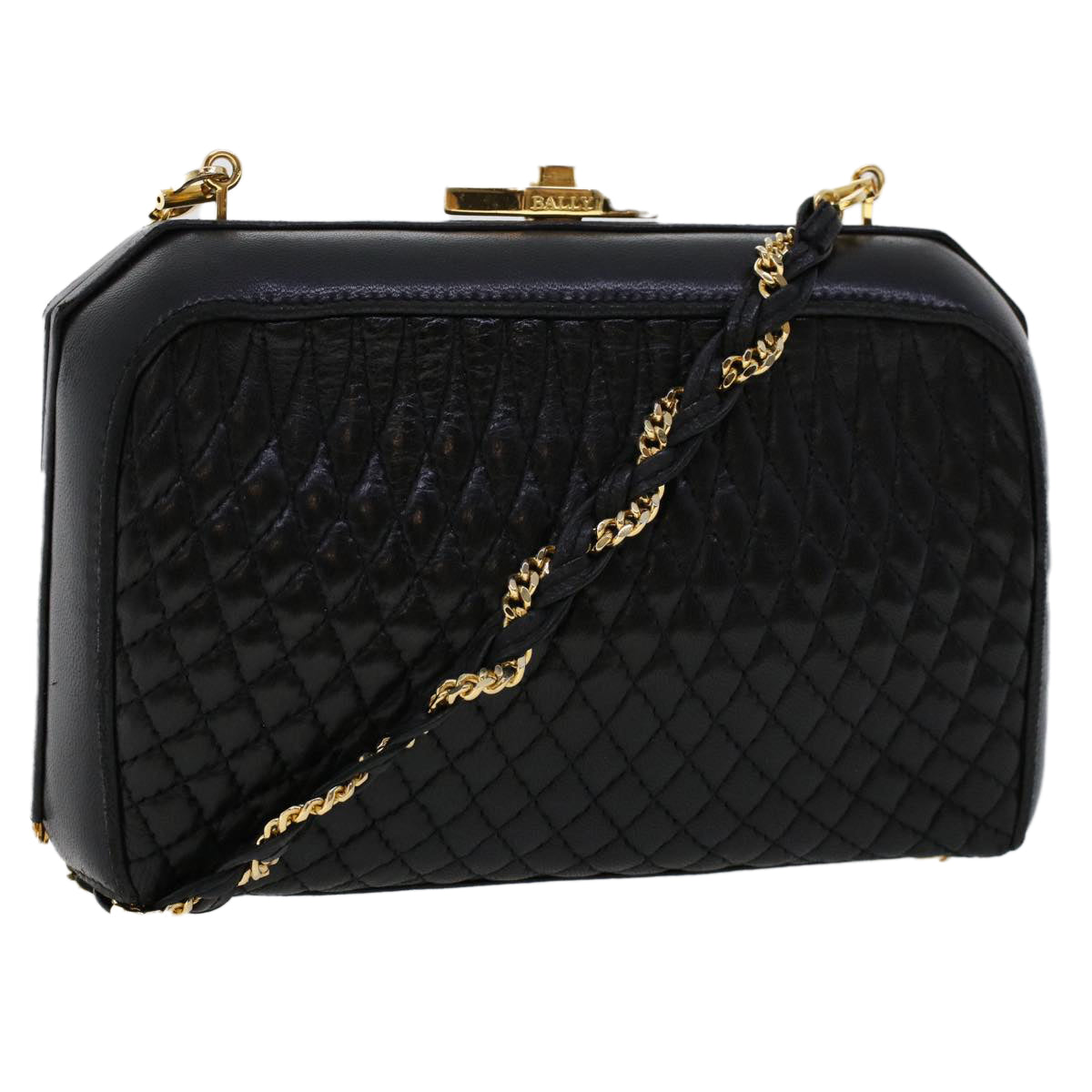 BALLY Quilted Chain Shoulder Bag Leather Black Auth 45950