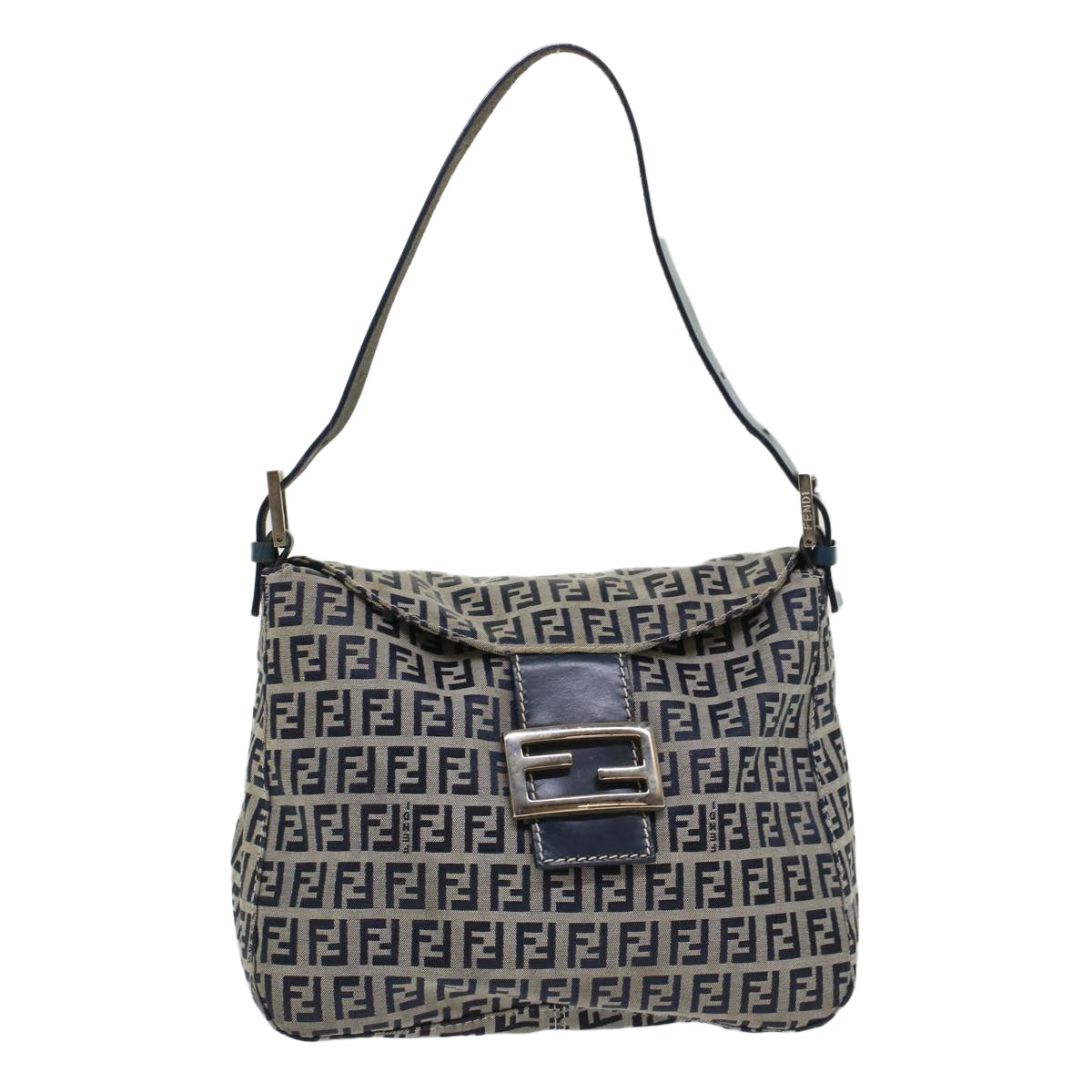 FENDI Zucchino Canvas Mamma Baguette Shoulder Bag Leather Navy Auth 45956