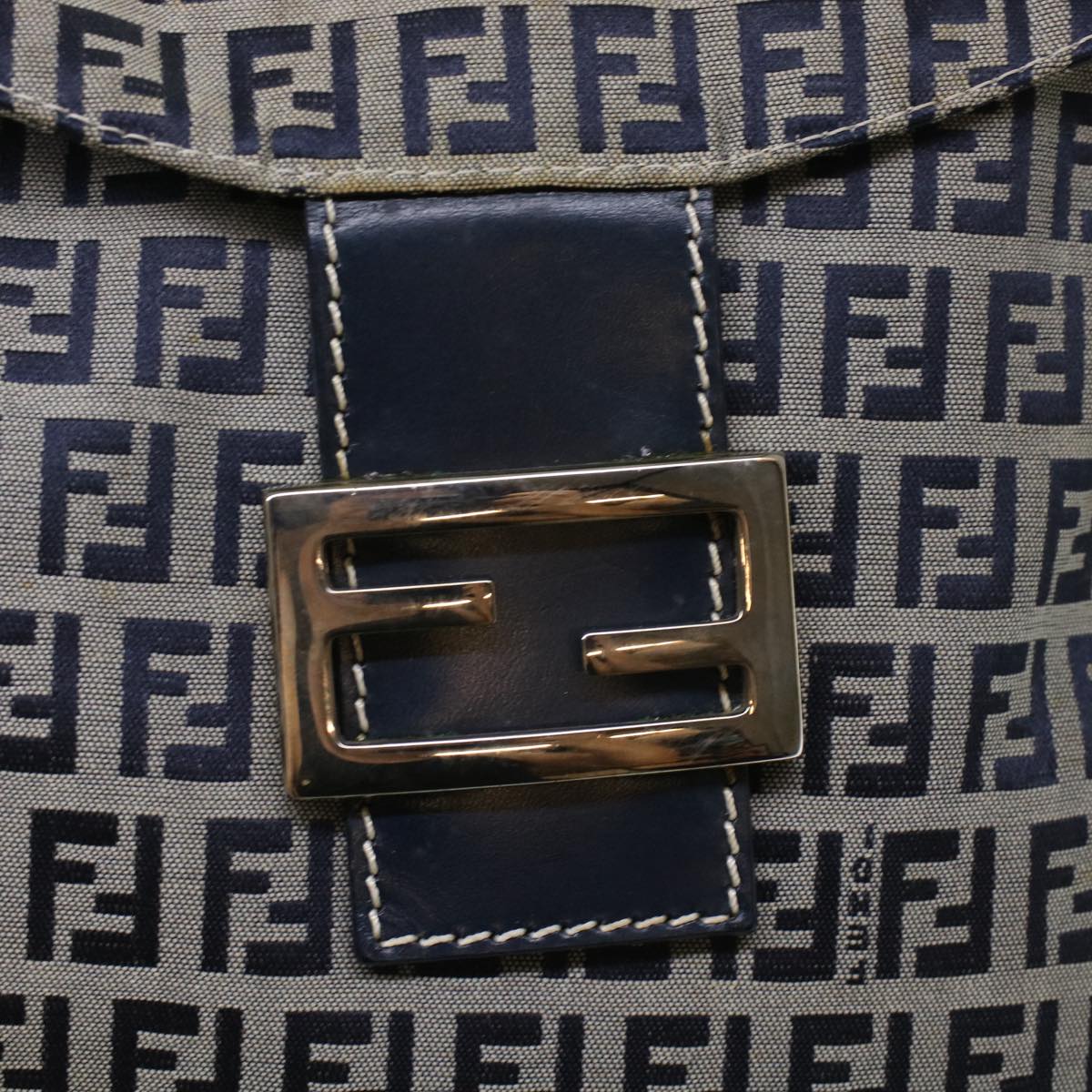 FENDI Zucchino Canvas Mamma Baguette Shoulder Bag Leather Navy Auth 45956