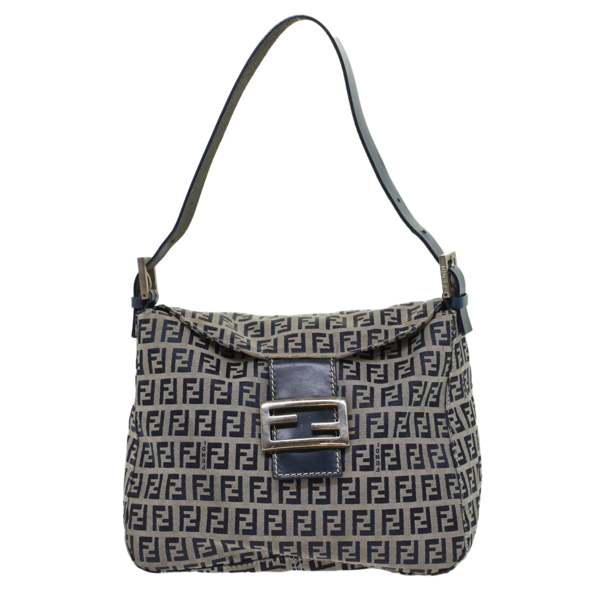 FENDI Zucchino Canvas Mamma Baguette Shoulder Bag Leather Navy Auth 45956