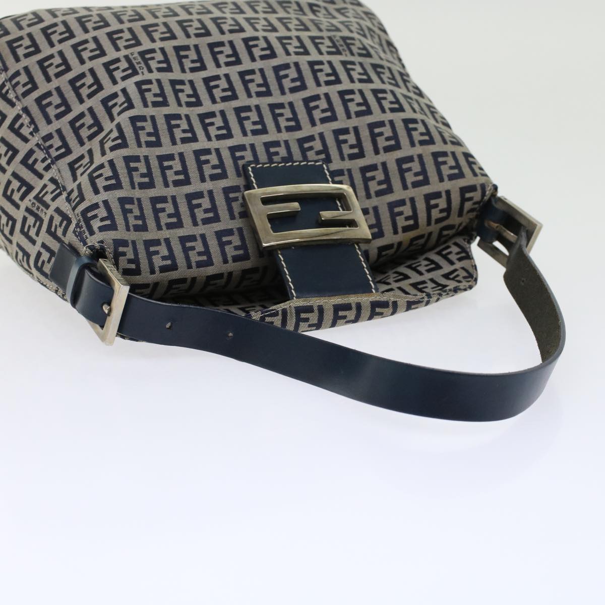 FENDI Zucchino Canvas Mamma Baguette Shoulder Bag Leather Navy Auth 45956