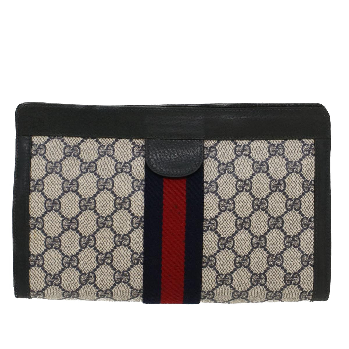 GUCCI GG Canvas Sherry Line Clutch Bag Gray Red Navy 89.01.002 Auth 45958