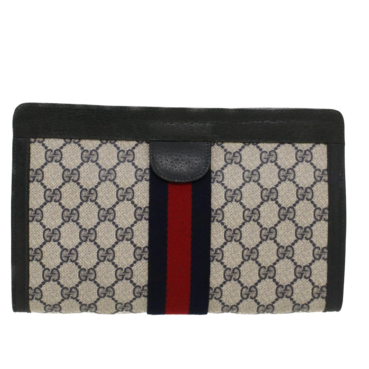 GUCCI GG Canvas Sherry Line Clutch Bag Gray Red Navy 89.01.002 Auth 45958 - 0