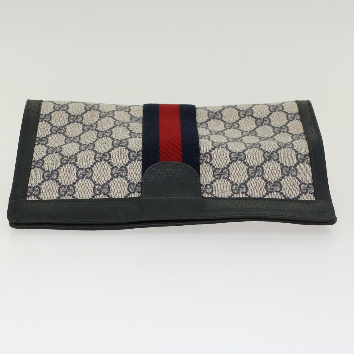 GUCCI GG Canvas Sherry Line Clutch Bag Gray Red Navy 89.01.002 Auth 45958