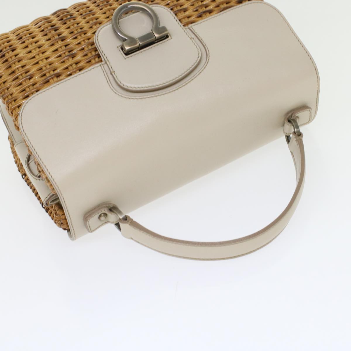 Salvatore Ferragamo Gancini Basket Hand Bag Straw Leather White Brown Auth 45994