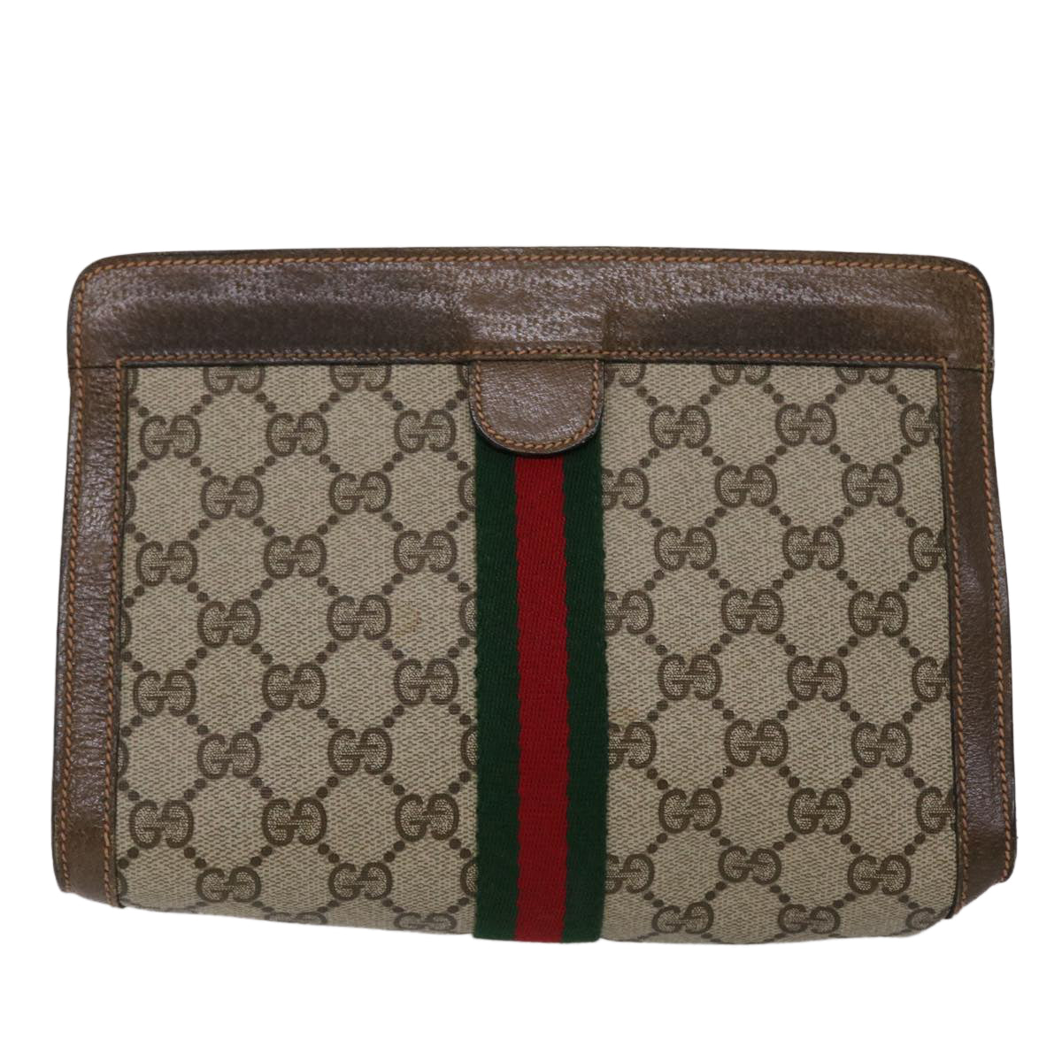 GUCCI GG Canvas Web Sherry Line Clutch Bag PVC Leather Beige Green Auth 46133