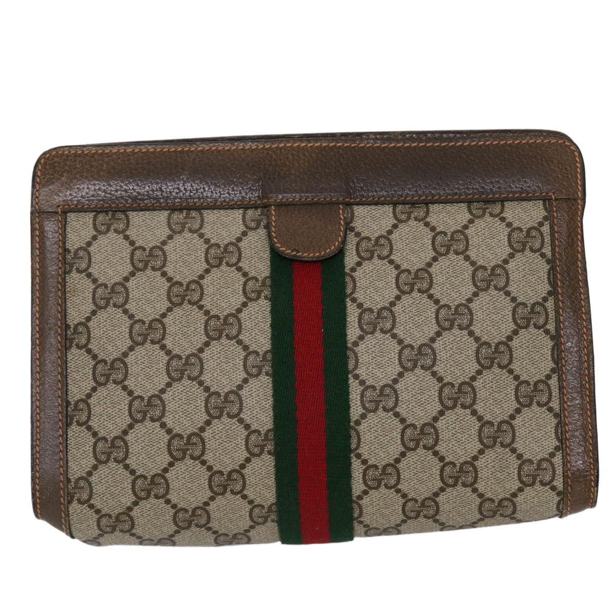 GUCCI GG Canvas Web Sherry Line Clutch Bag PVC Leather Beige Green Auth 46133 - 0