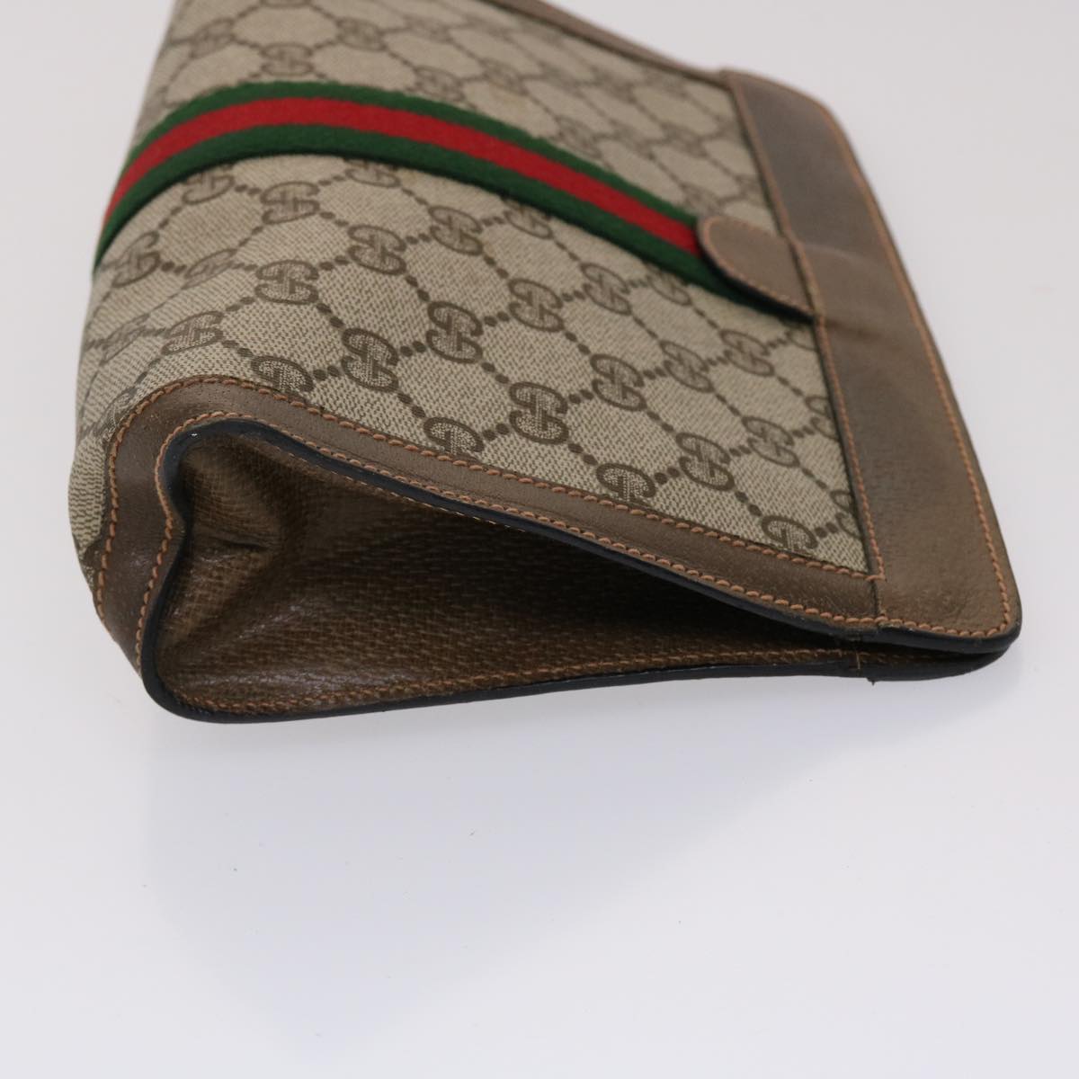 GUCCI GG Canvas Web Sherry Line Clutch Bag PVC Leather Beige Green Auth 46133