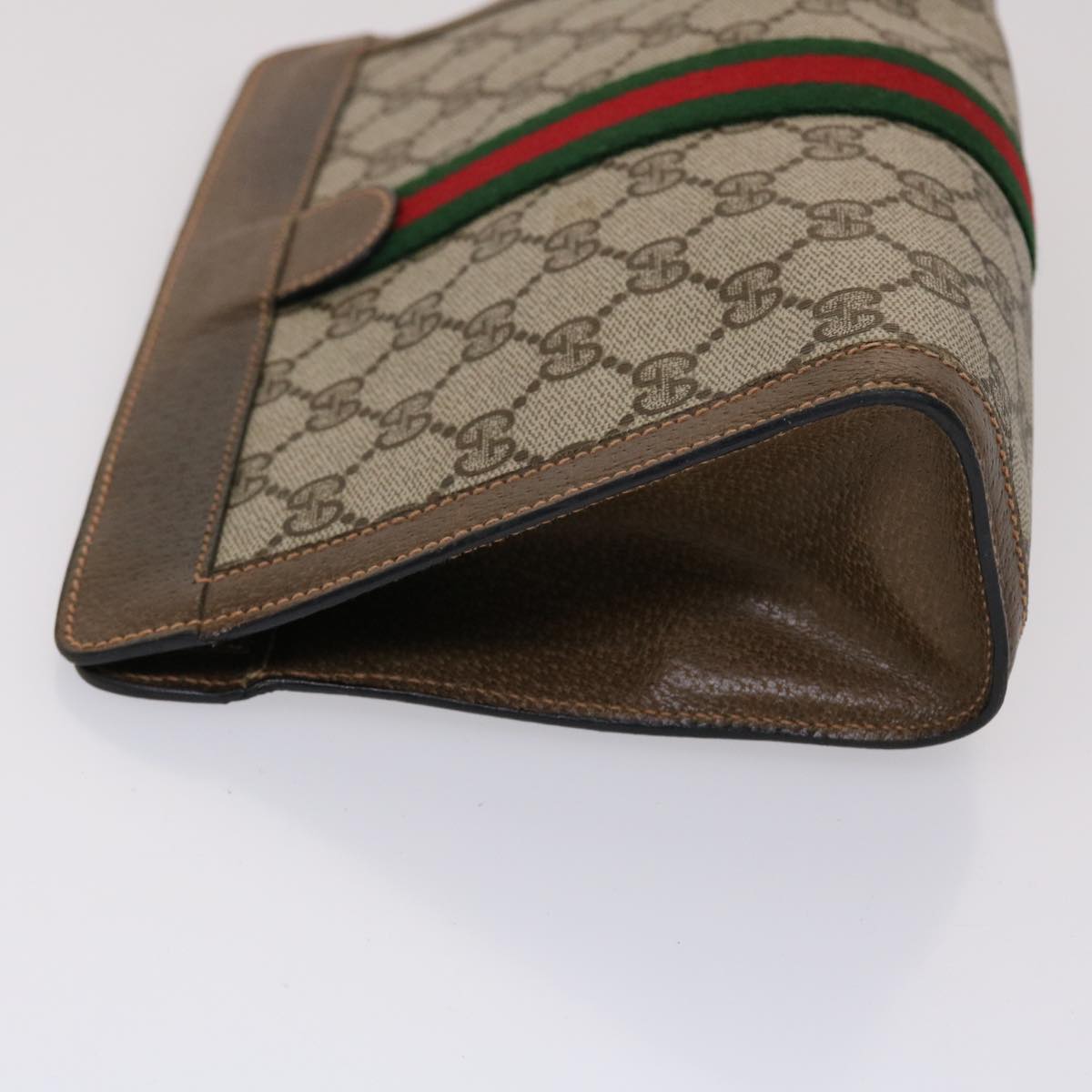 GUCCI GG Canvas Web Sherry Line Clutch Bag PVC Leather Beige Green Auth 46133