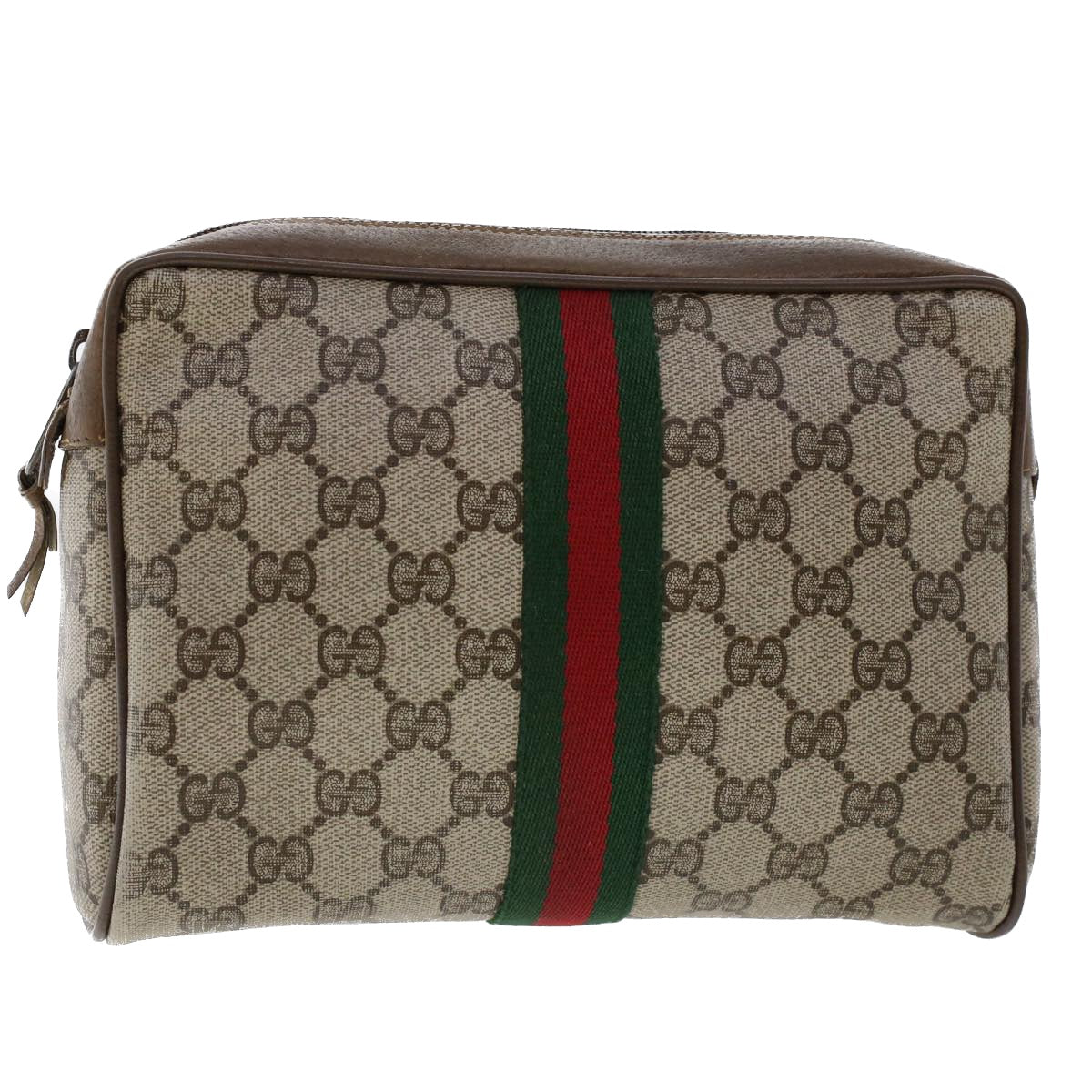 GUCCI GG Canvas Web Sherry Line Clutch Bag Beige Red 89•01•012 Auth 46162