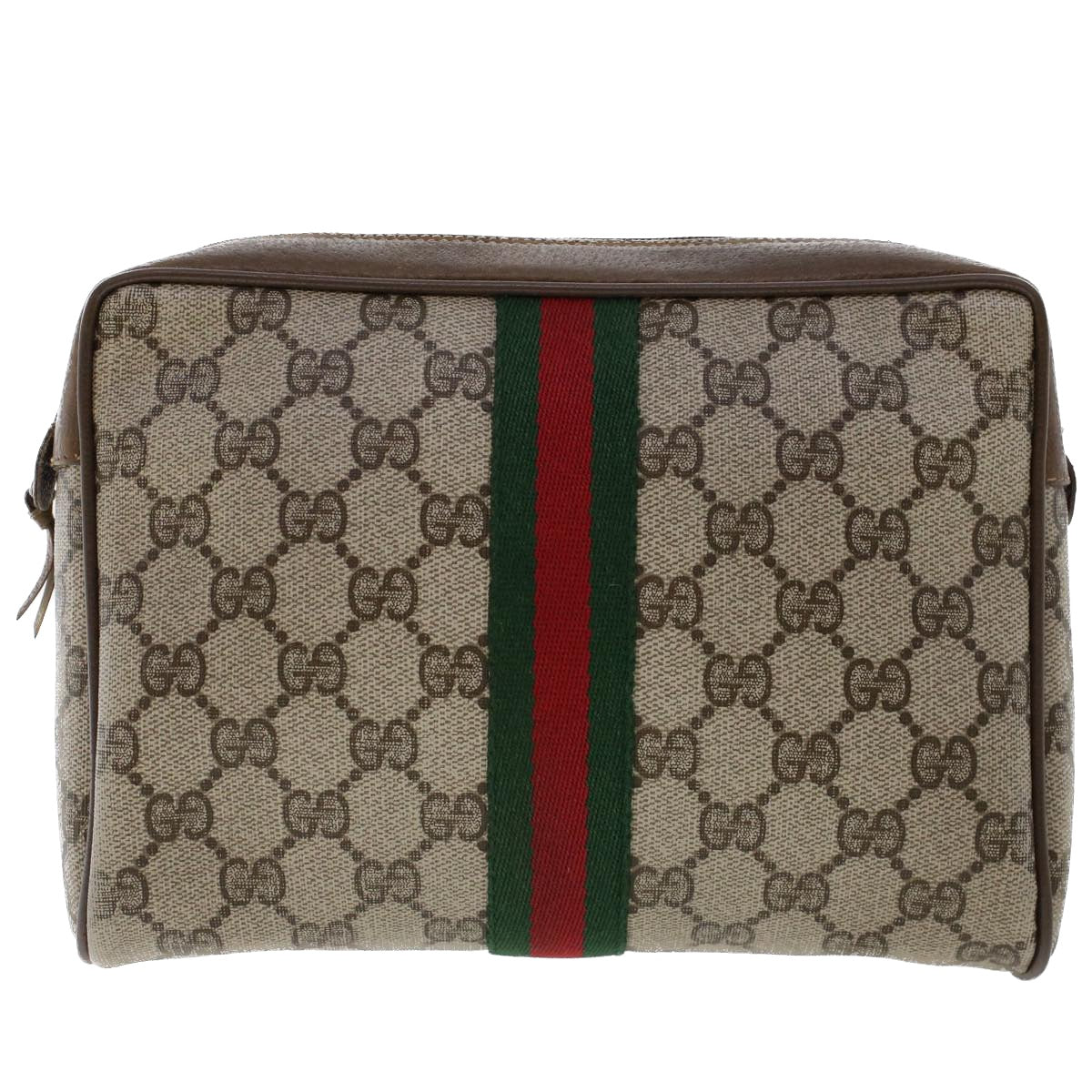 GUCCI GG Canvas Web Sherry Line Clutch Bag Beige Red 89•01•012 Auth 46162