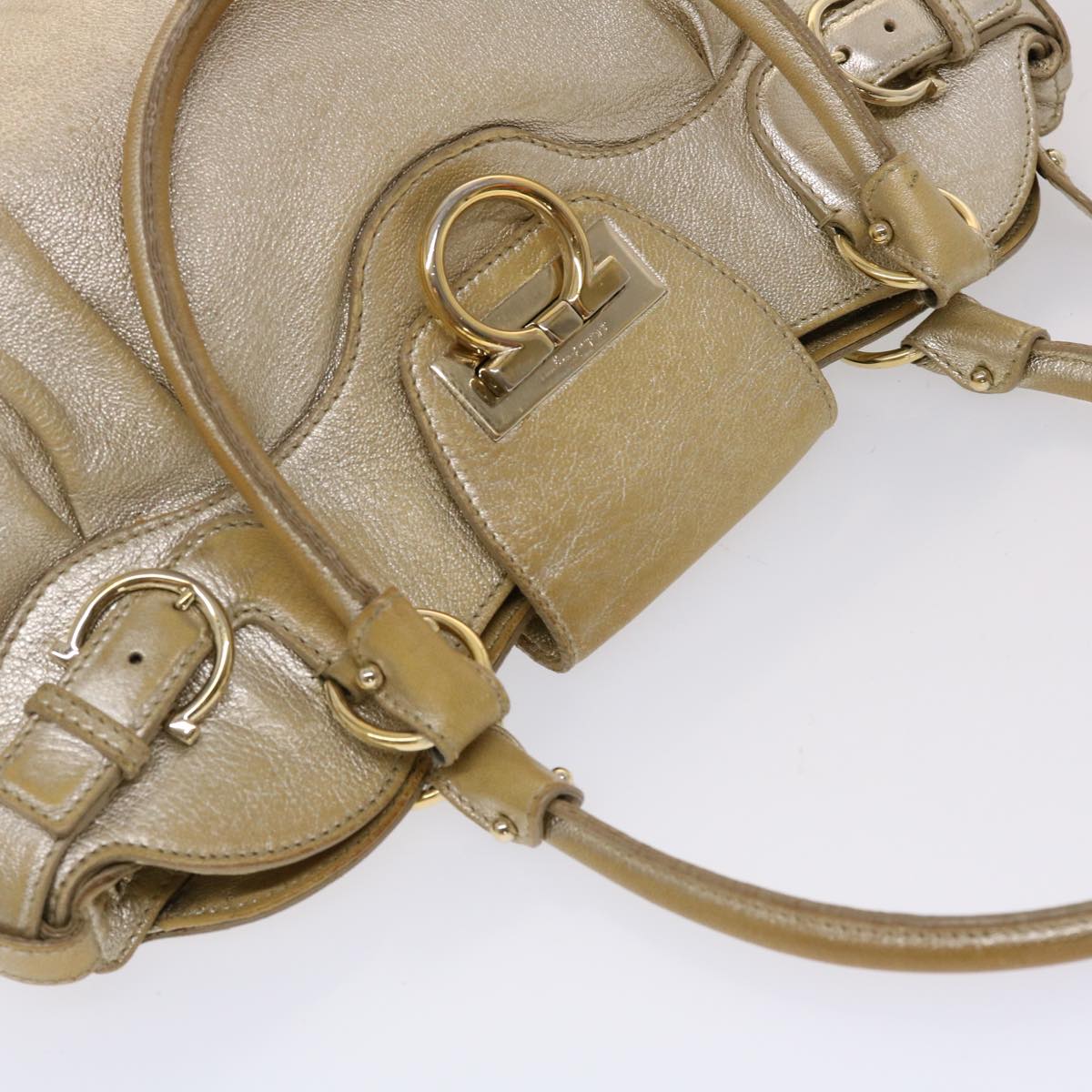 Salvatore Ferragamo Gancini Hand Bag Leather Gold Auth 46320