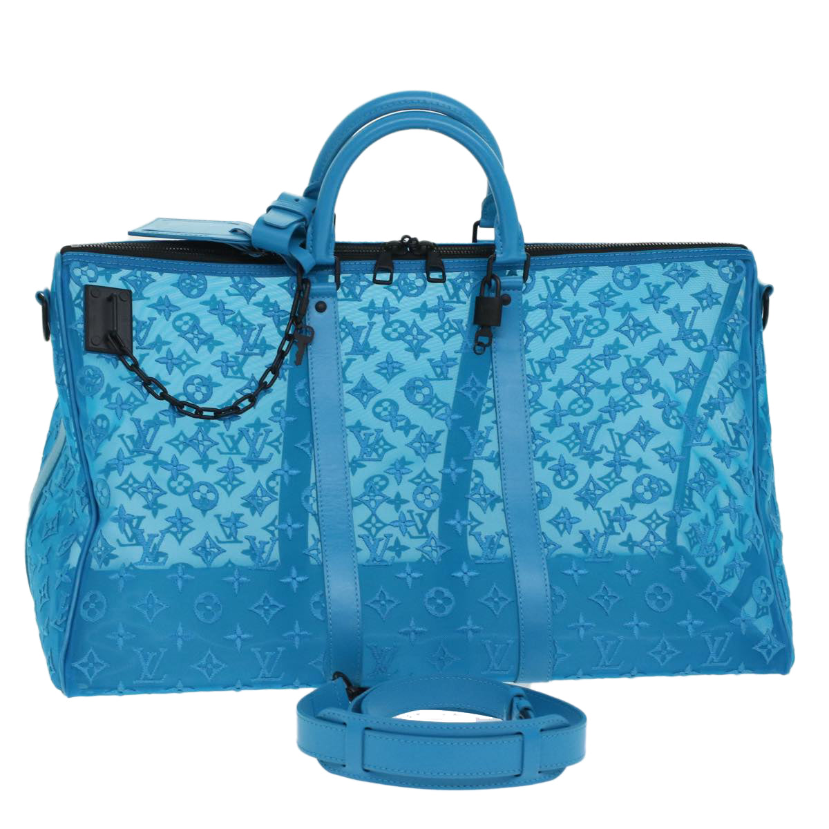 LOUIS VUITTON Monogram Mesh Keepall Triangle 50 Bag Blue M45048 LV Auth 46405A