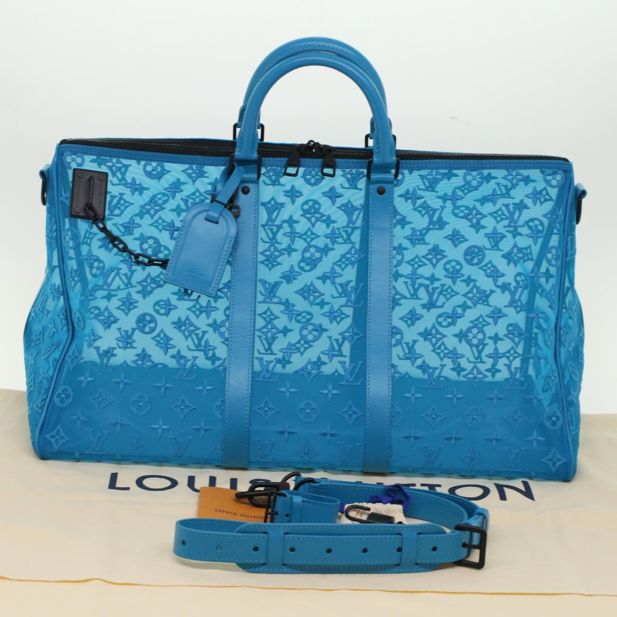 LOUIS VUITTON Monogram Mesh Keepall Triangle 50 Bag Blue M45048 LV Auth 46405A