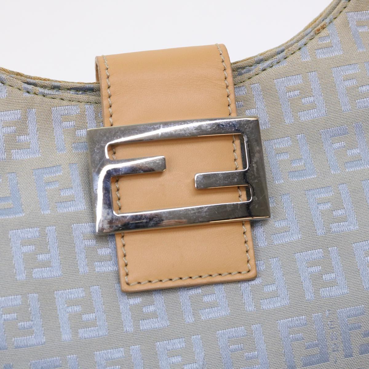 FENDI Mamma Baguette Zucchino Canvas Shoulder Bag Nylon Light Blue Auth 46673